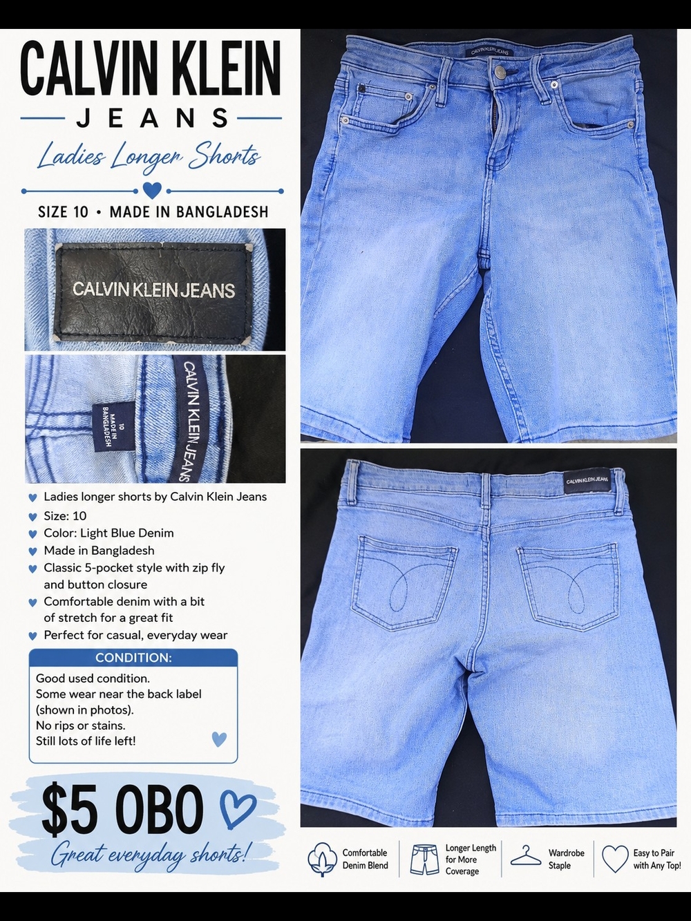 Calvin Klein Jeans Light Blue Relaxed Denim Shorts Size 10 Womens